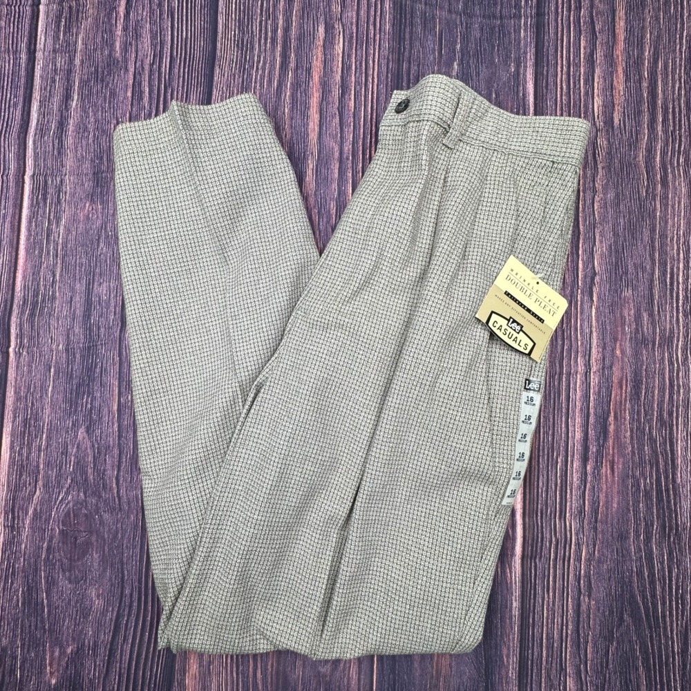 Vintage Lee Casuals NWT Wrinkle Free Pleated Pants 16 Micro-Check Dark Trousers
